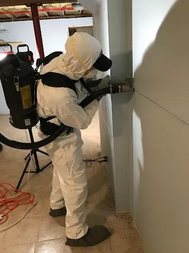 A person in white protective gear using a vacuum tool to clean the corner of a wall in a basement.