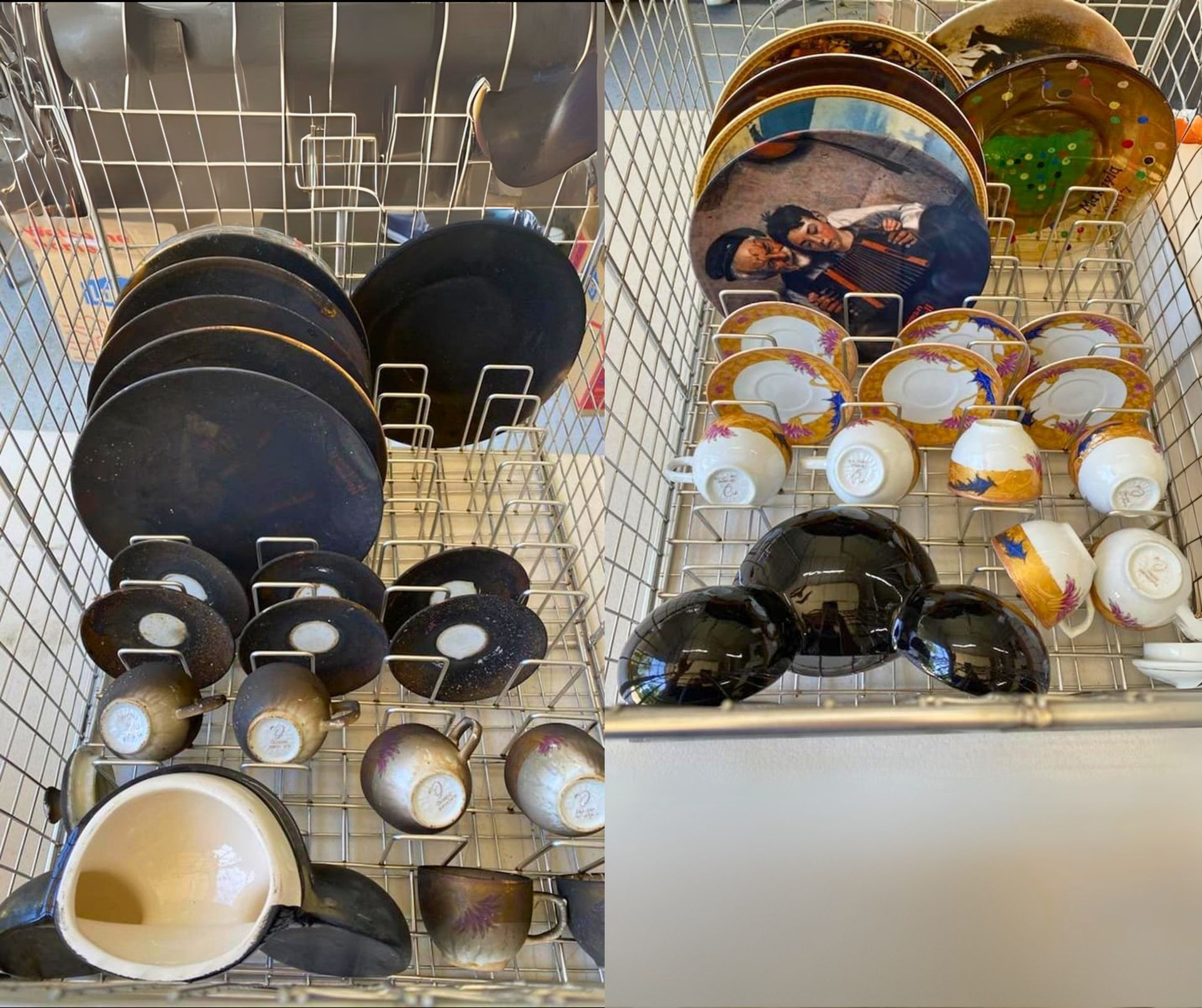 A split-view image showing a dishwasher rack filled with dark plates, saucers, and decorative teacups.