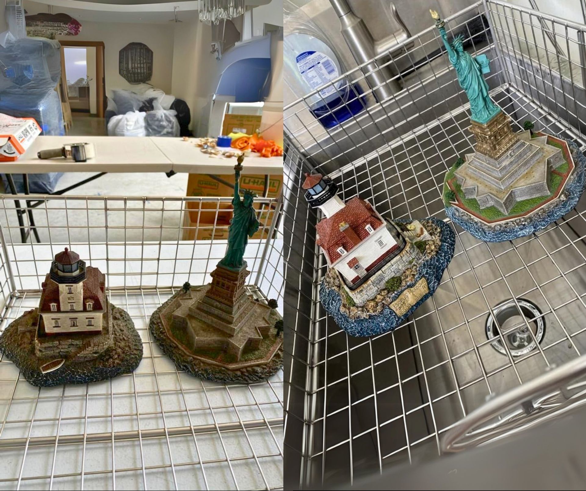 Two decorative figurines—a lighthouse and the Statue of Liberty—are displayed inside a wire basket in a room.