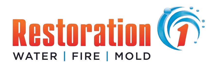 Logo for Restoration 1 with orange text reading "Restoration" and a blue swirl icon containing a number 1.