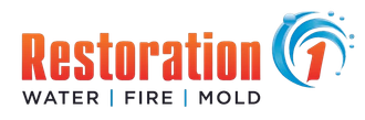Logo for Restoration 1 with orange text reading "Restoration" and a blue swirl icon containing a number 1.