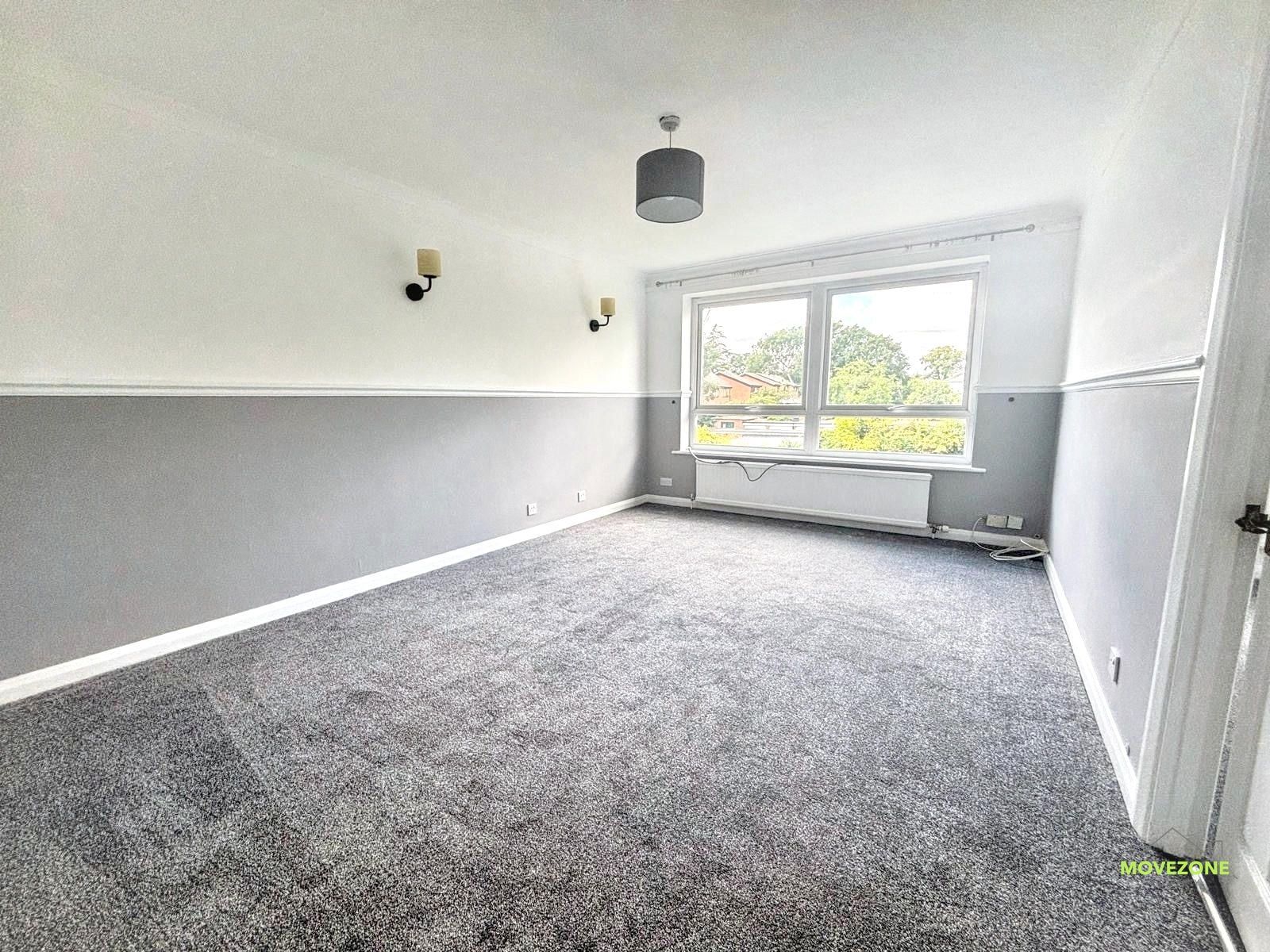 Empty gray-carpeted room with white walls and a window letting in daylight