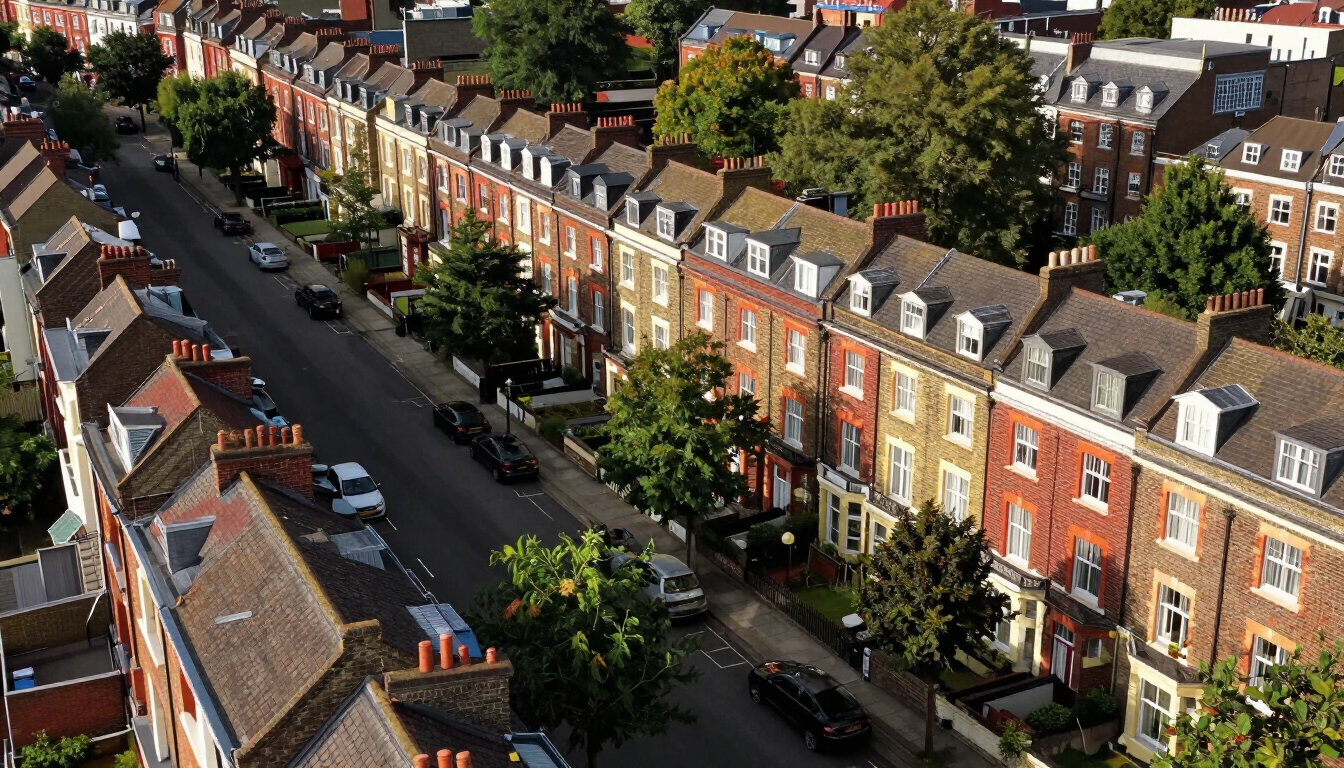 Aerial view of a residential street lined with brick row houses and parked cars in bright sunlight