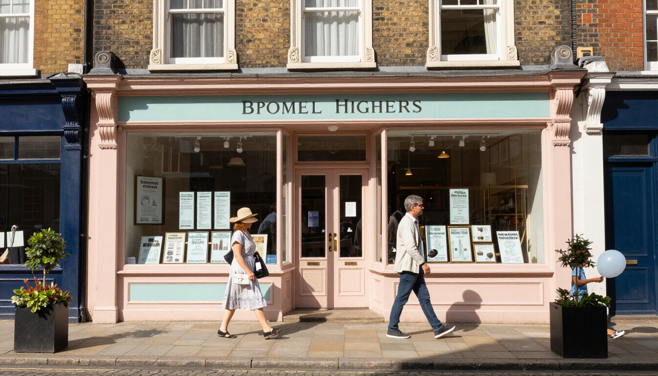 People walking past a pastel storefront with large windows and hanging flower baskets