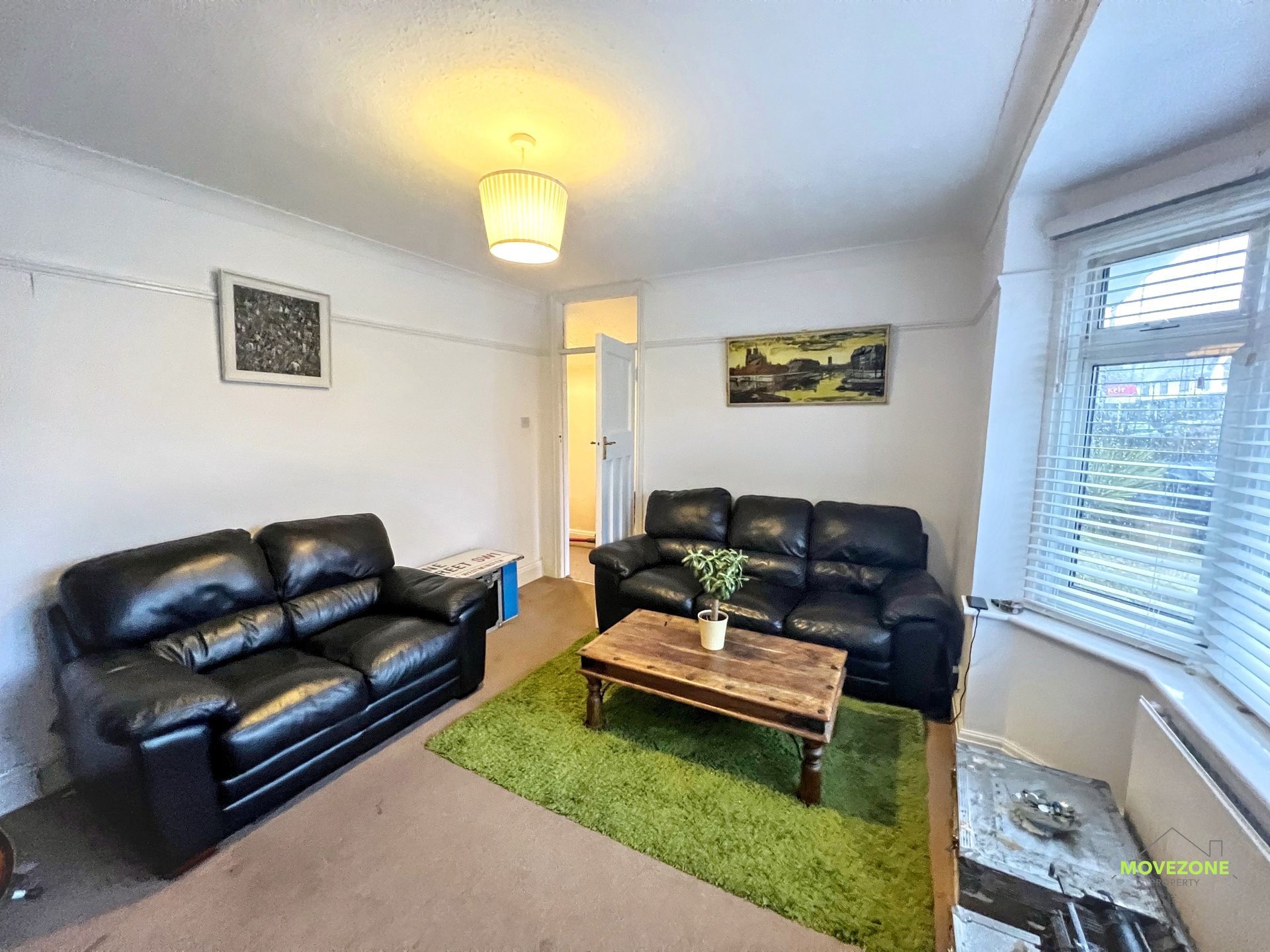 Living room with black leather sofas, green rug, coffee table, and bright window light