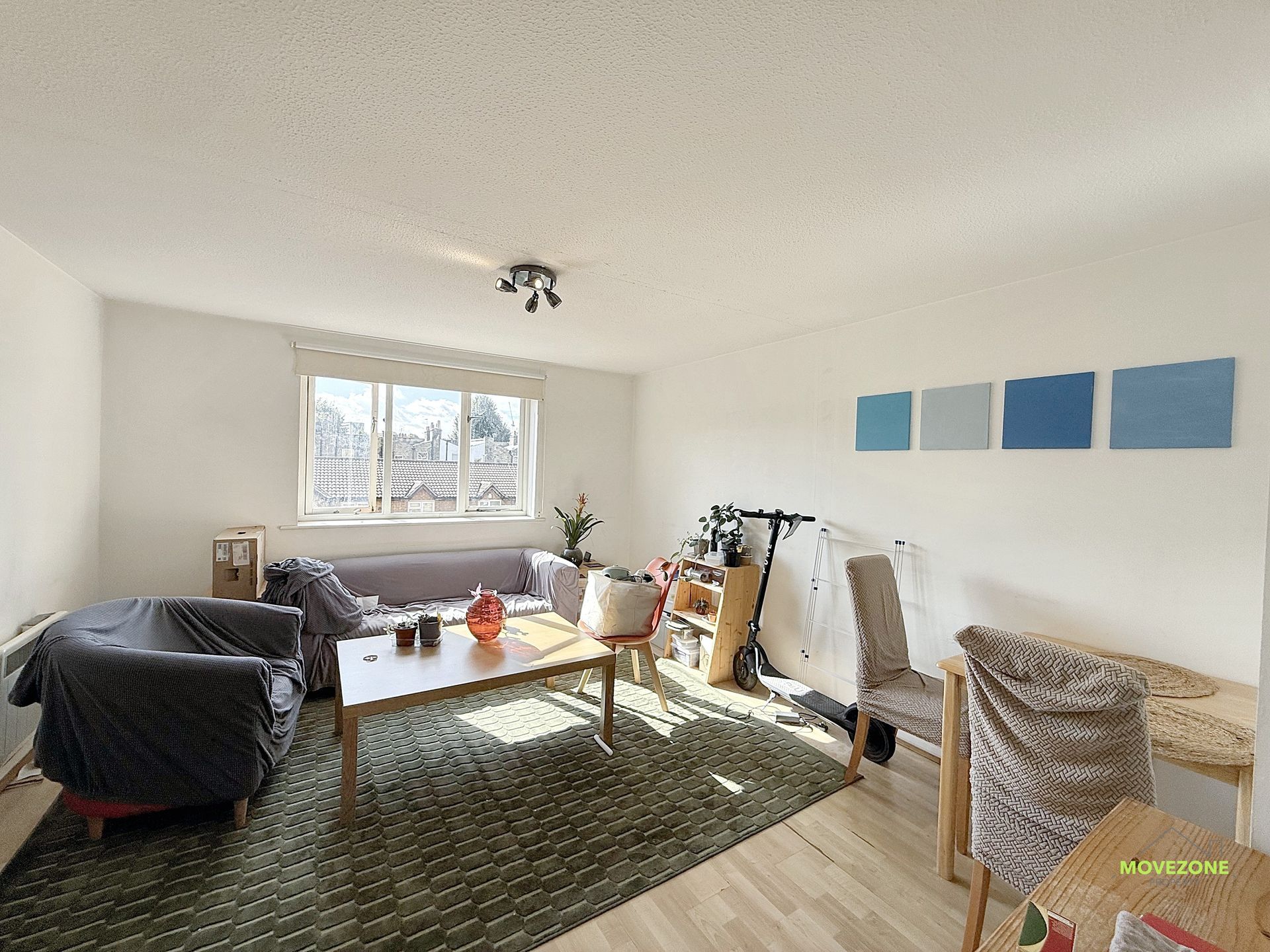 Bright living room with a gray sofa, coffee table, window, green rug, and blue wall art.