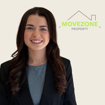 Smiling woman in dark blazer beside Movezone Property logo on a light background