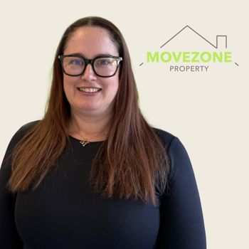 Portrait of a smiling person in glasses beside the Movezone Property logo on a light background
