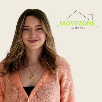 Woman in a peach sweater standing beside the Movezone Property logo on a light background