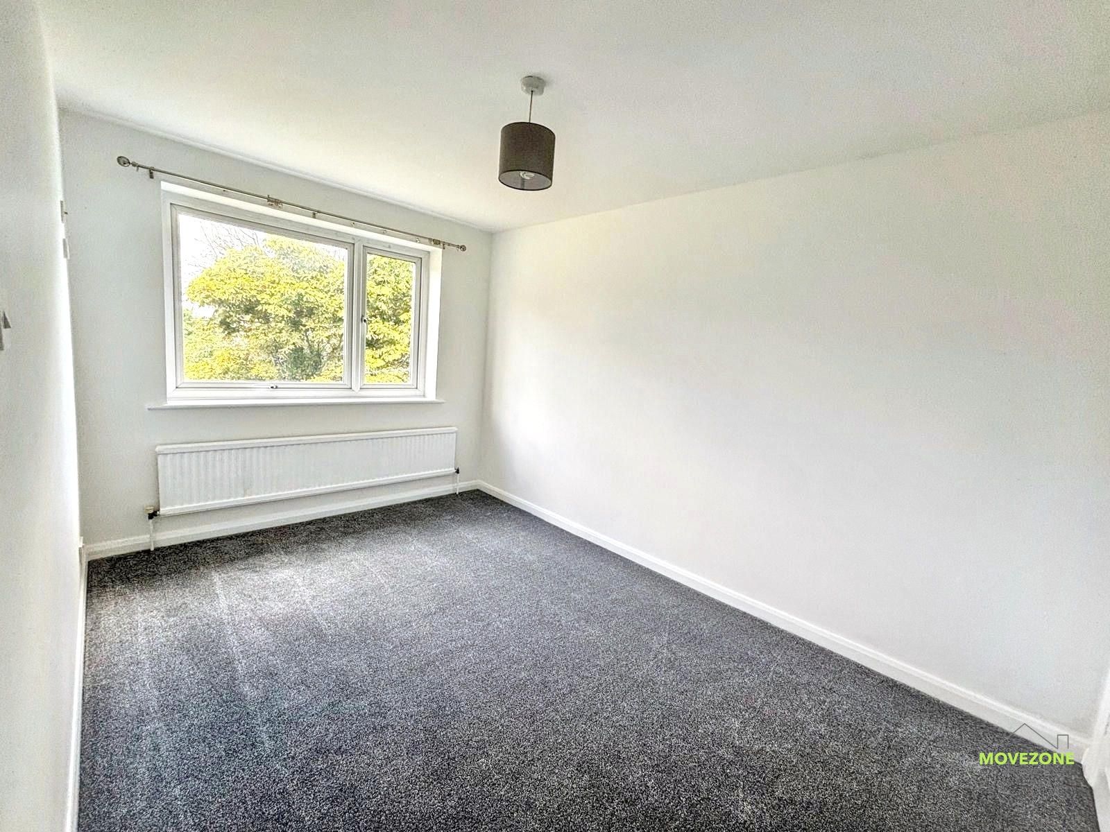 Empty white bedroom with gray carpet, window, radiator, and ceiling light