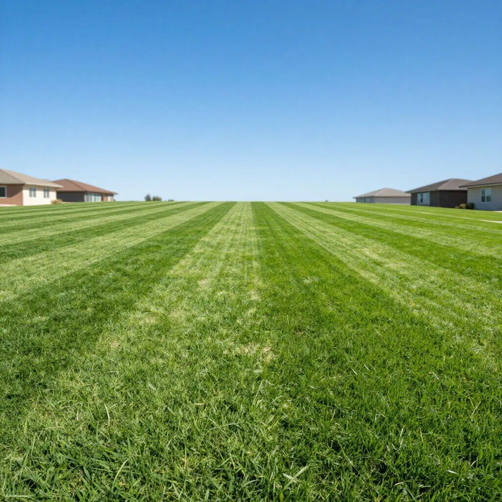 Wide green mowed lawn between suburban houses under a clear blue sky