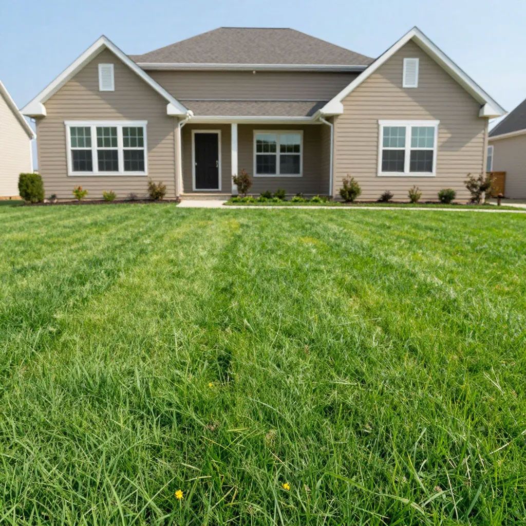 Single-story beige house with a front porch and large green lawn under a clear sky