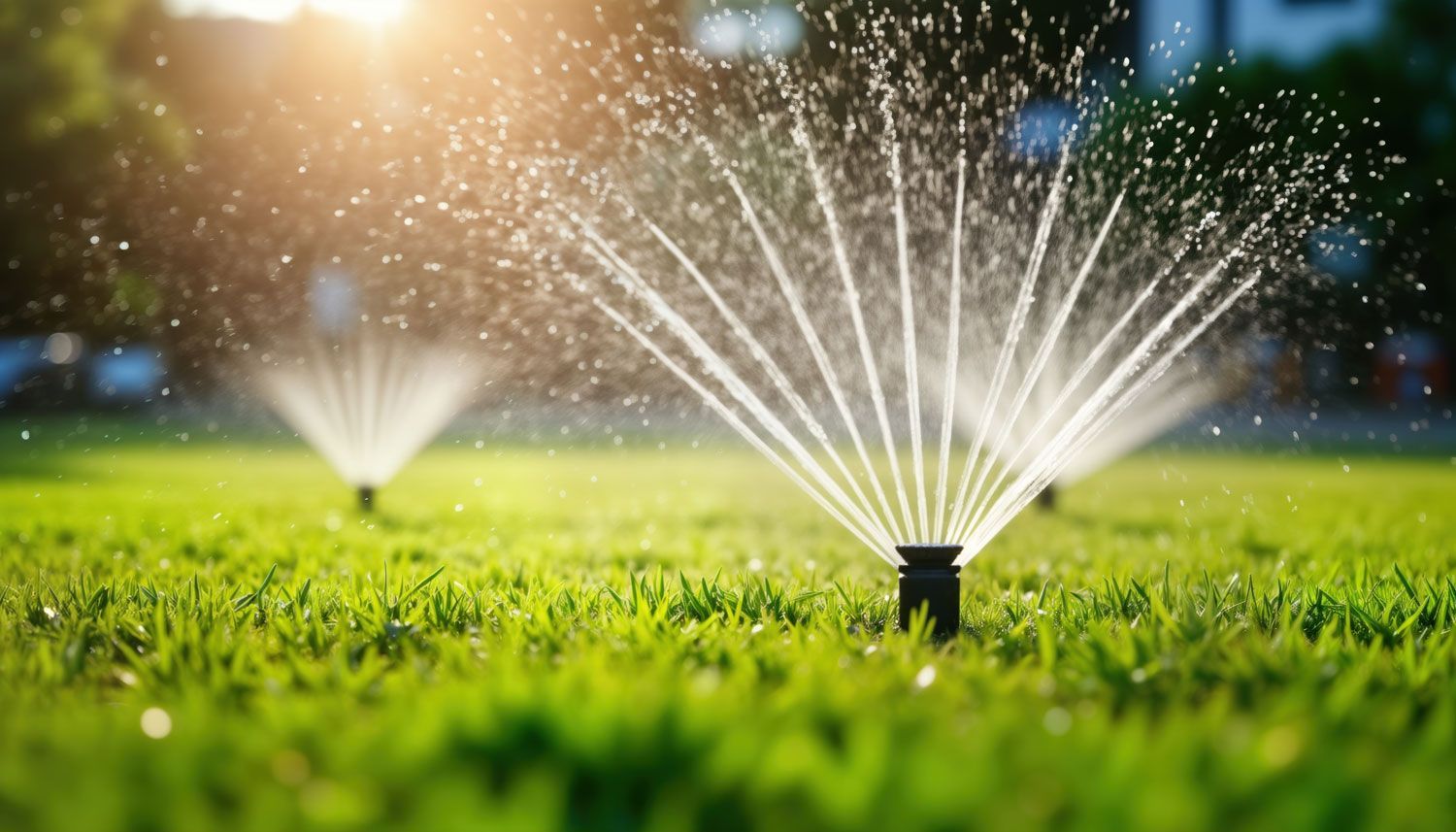 Lawn sprinklers spraying water on a sunny green field, with one in the foreground and one blurred in back