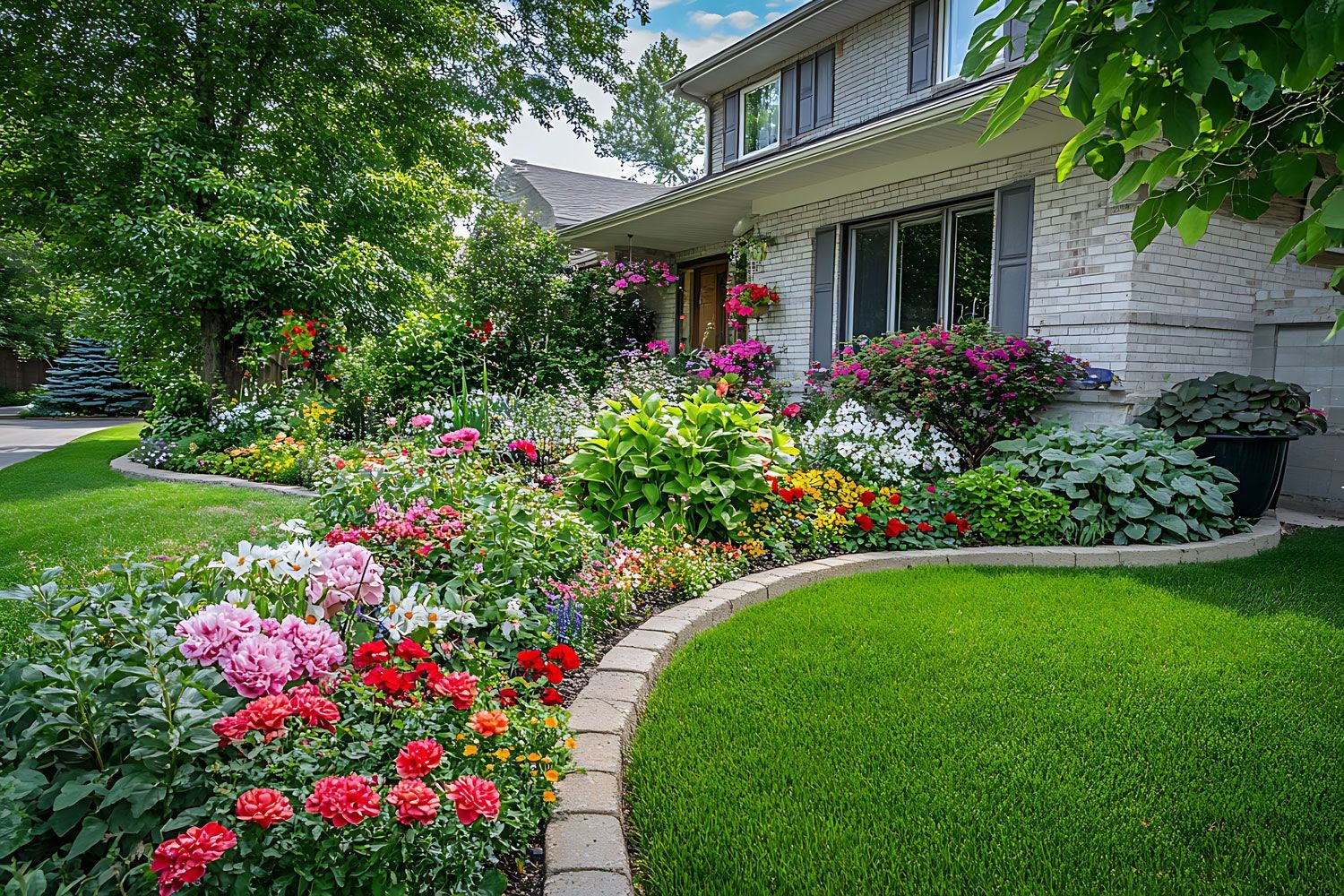Curved flower bed with pink and red blooms beside a house and green lawn