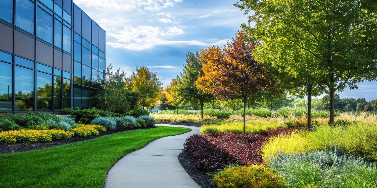 Curved walkway beside a glass office building, lined with green grass, shrubs, and colorful trees in sunlight