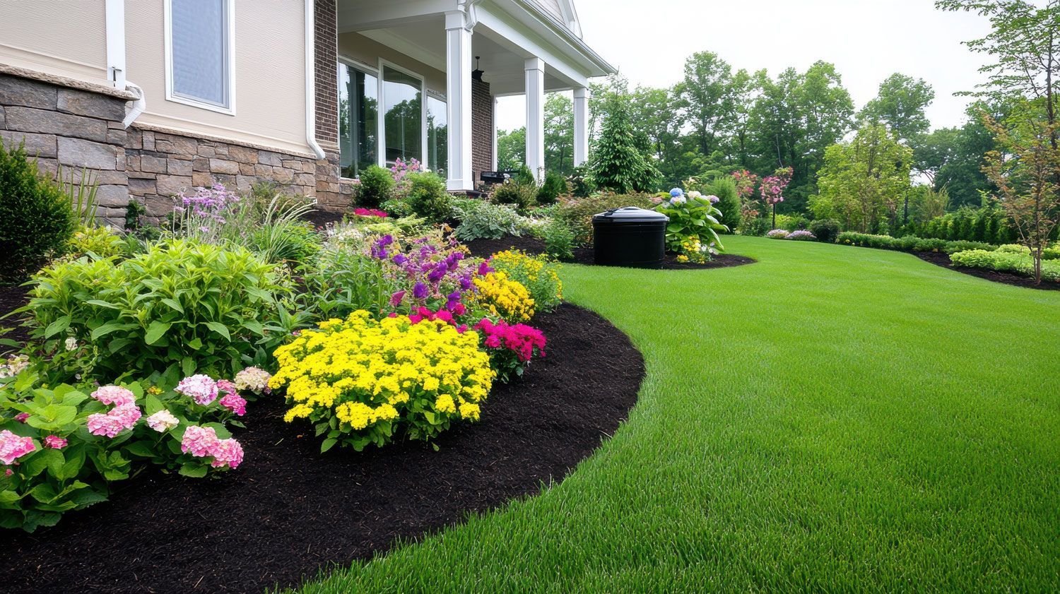 Landscaped front yard with colorful flower beds beside a house and a lush green lawn