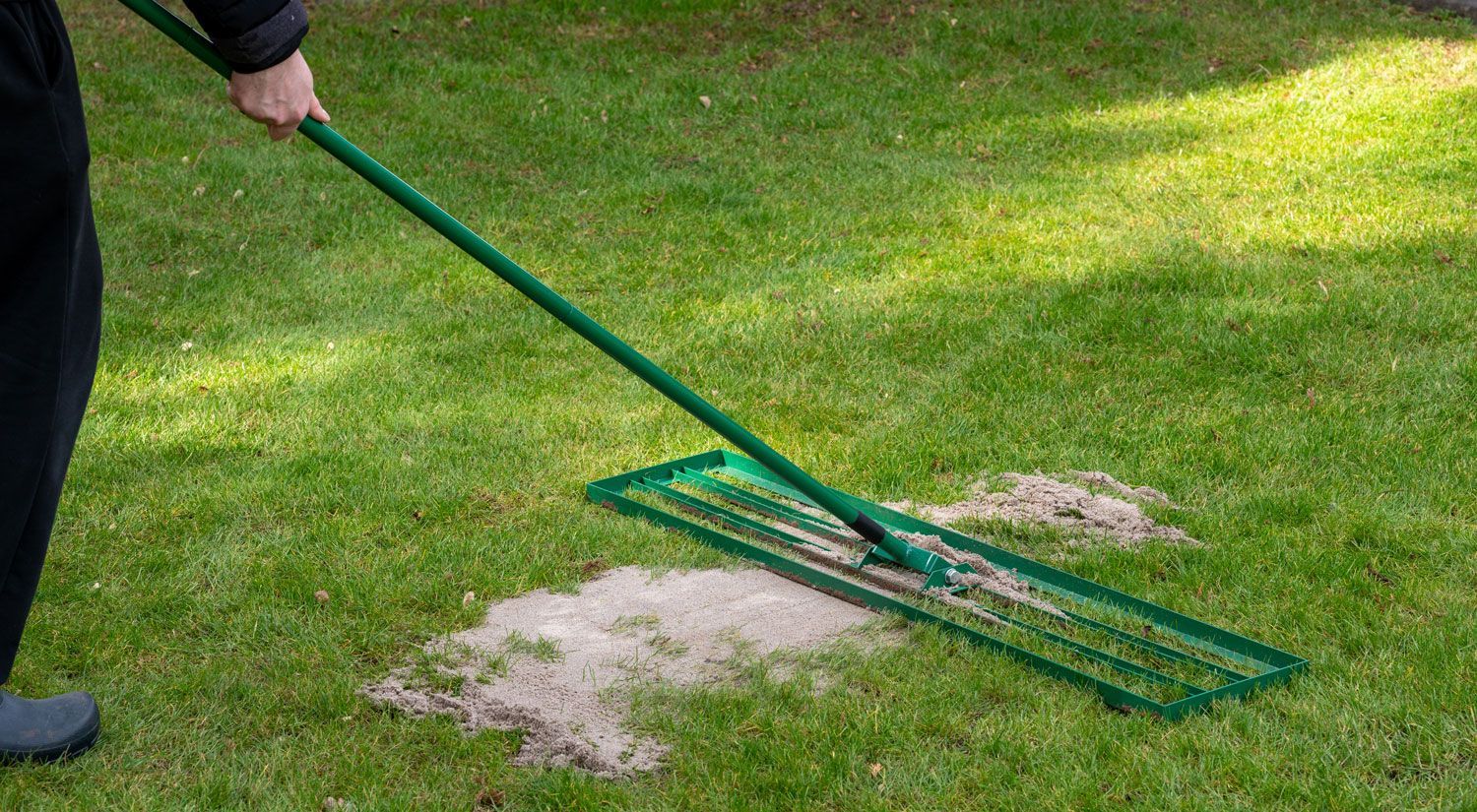 Person raking sand patches on a grassy lawn with a green rake