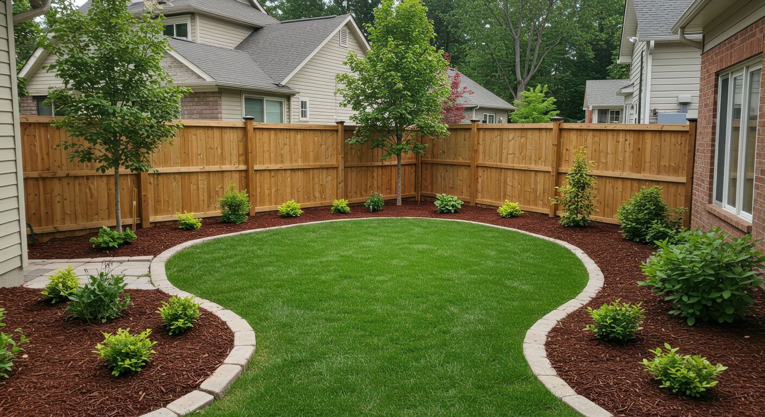 Curved green lawn bordered by mulch beds and shrubs in a fenced backyard garden