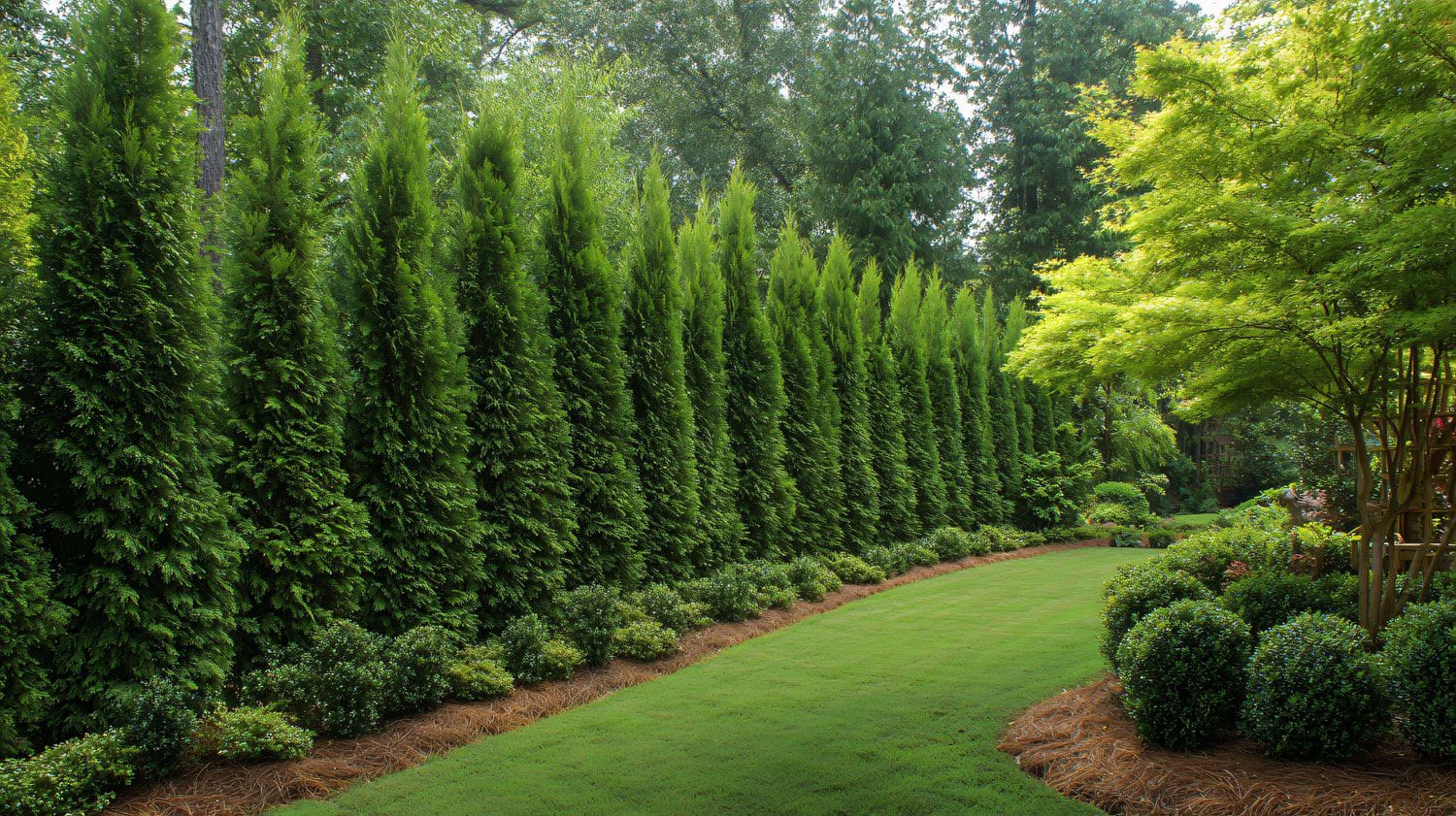 Lush green garden with tall hedges, a manicured lawn, and trees in the background