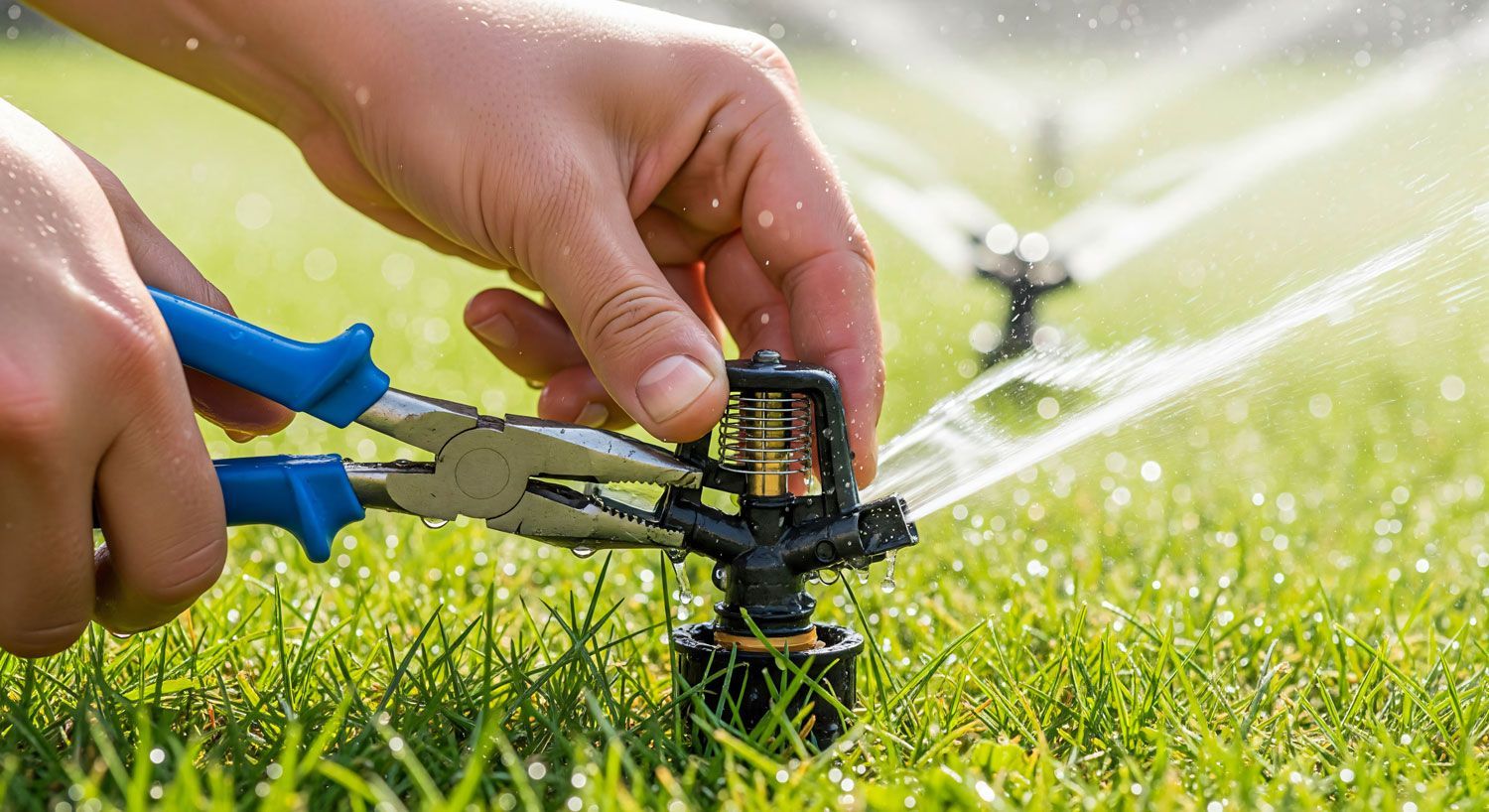 Hands adjusting a sprinkler head with blue pliers in a green lawn, water spraying nearby
