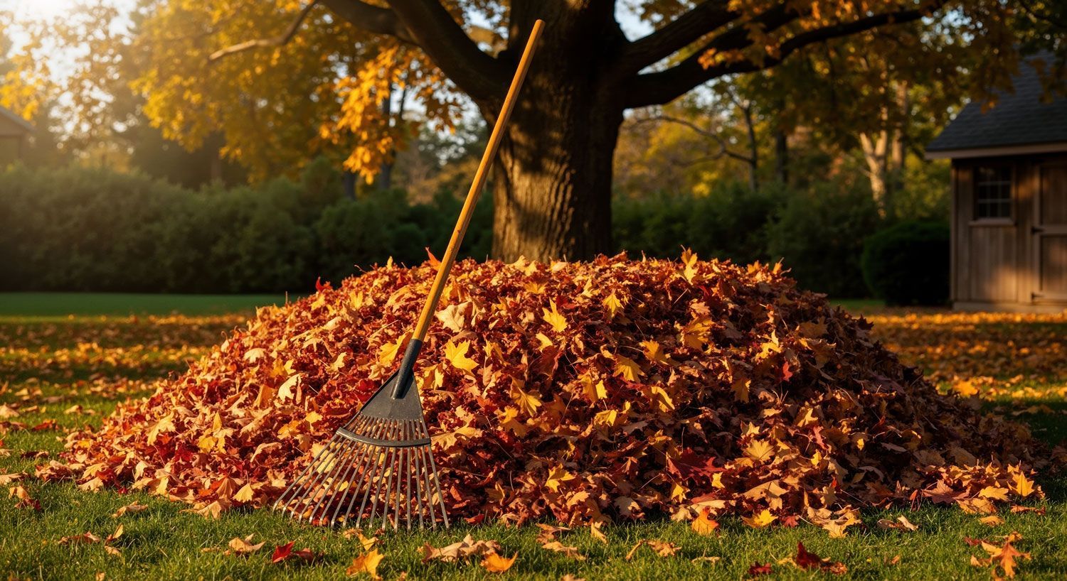 Rake leaning in a large pile of autumn leaves under a tree in a yard at sunset