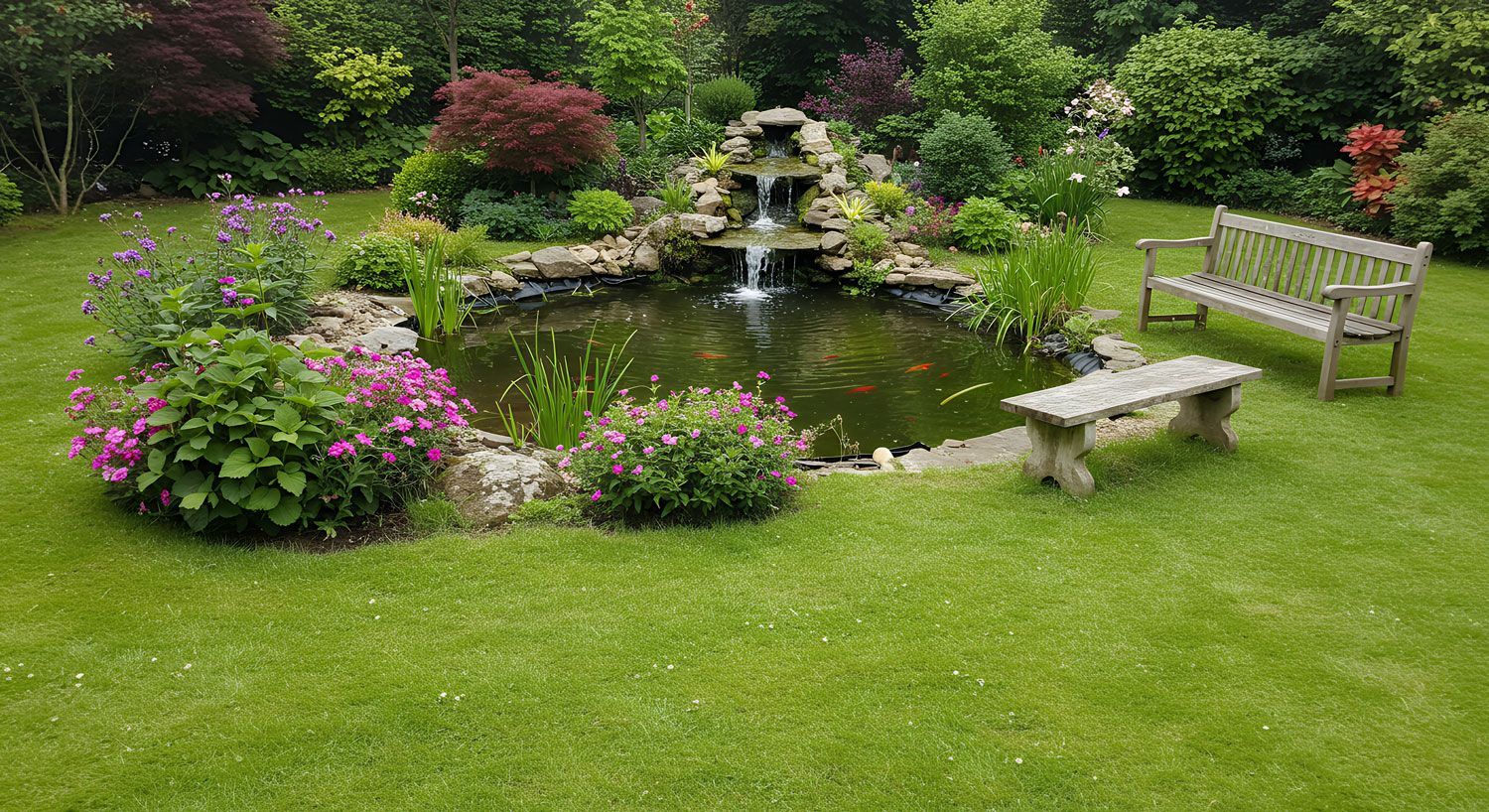 Lush garden with a small pond, waterfall, colorful flowers, stone bench, and wooden bench on a green lawn