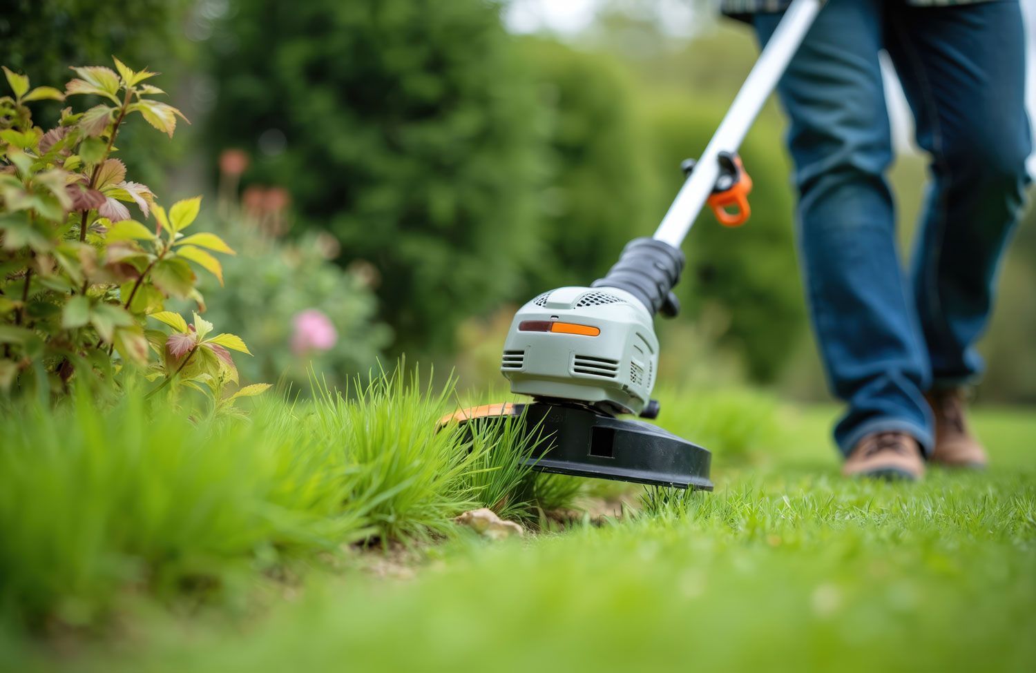 String trimmer cutting grass along a garden edge with a person standing in the background