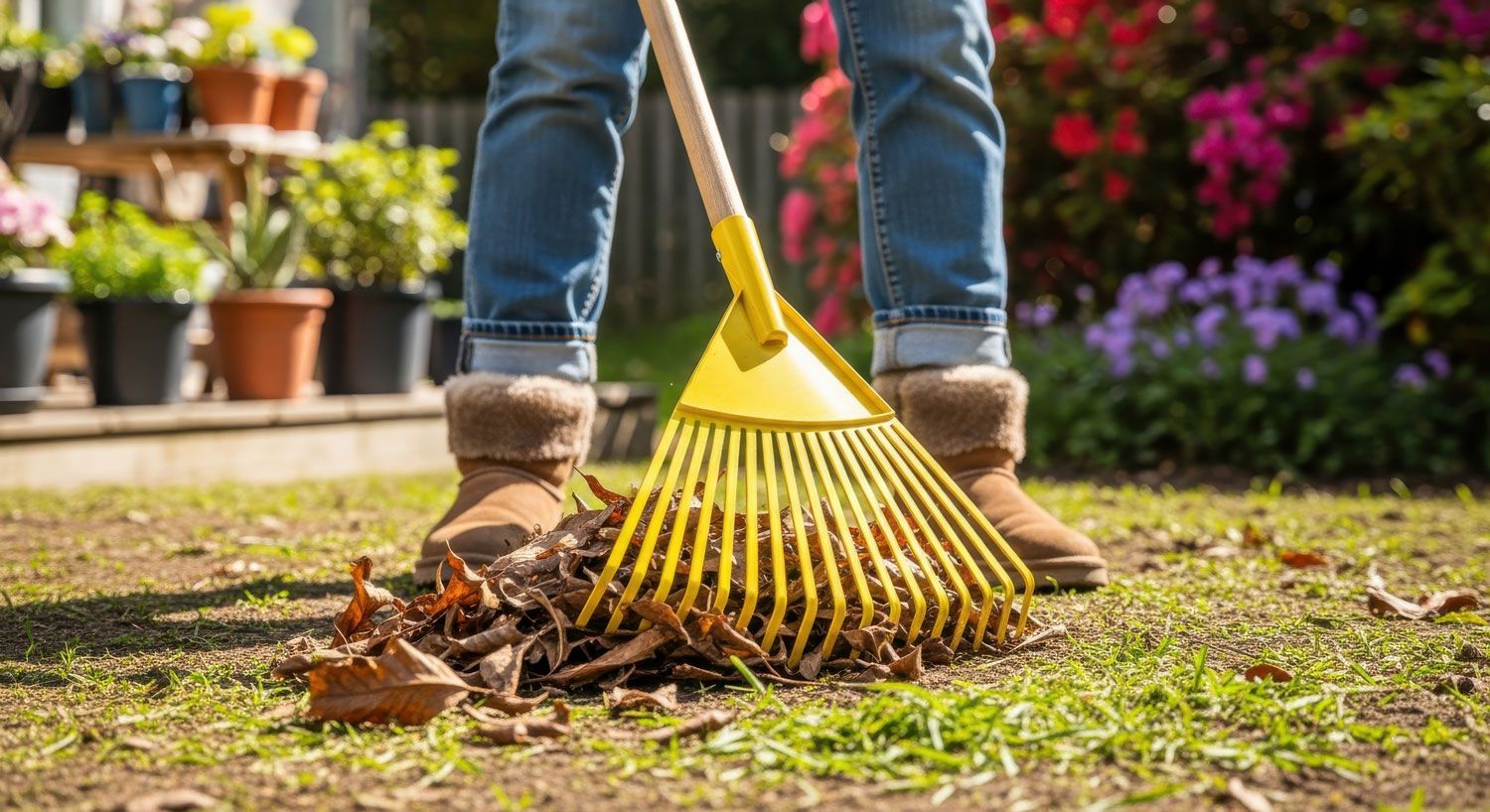 Person raking leaves in a garden with a yellow rake, potted plants and flowers in the background