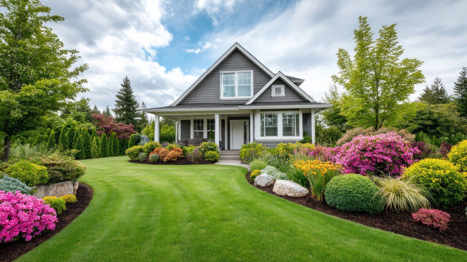 Gray house with a manicured lawn and colorful flower beds in a bright suburban garden