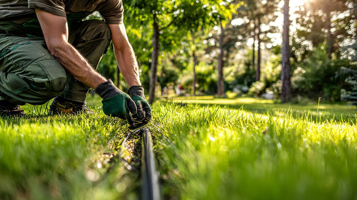 Gardener trimming grass along a lawn edge with a string trimmer in bright sunlight