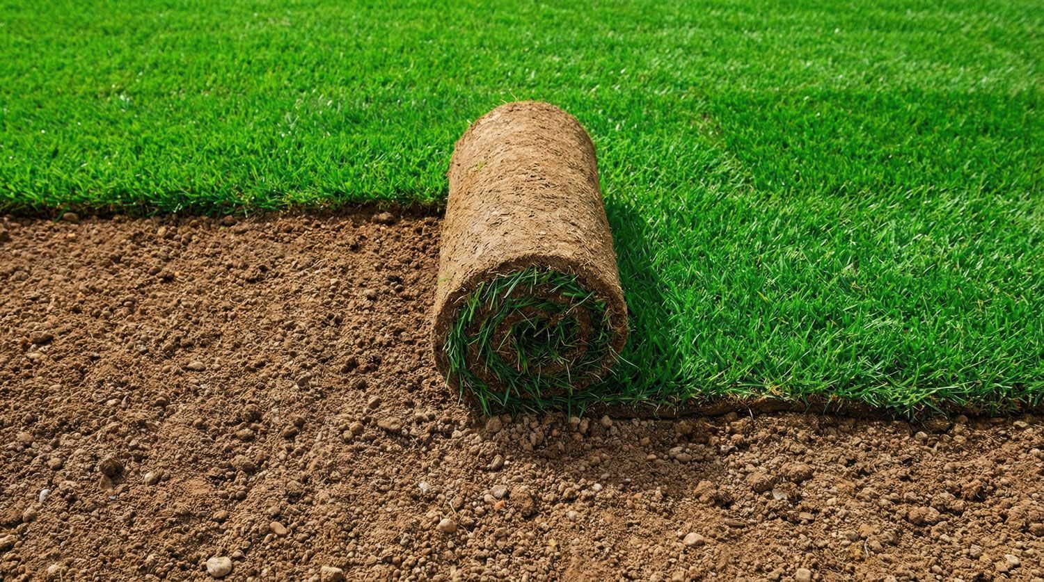 Rolled-up turf on a patchy lawn, showing green grass transitioning to bare soil