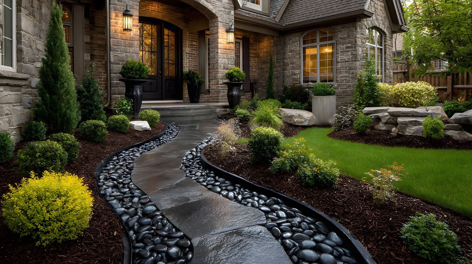 Stone walkway curving to a lit stone house entrance, with landscaped greenery and dark river rocks