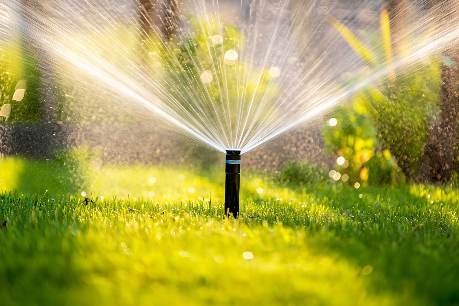 Garden sprinkler spraying water over a sunlit green lawn