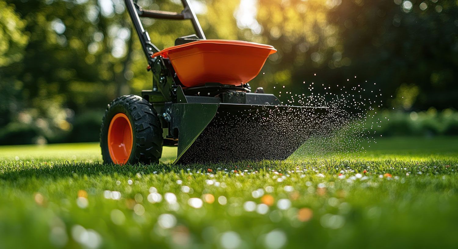 Orange lawn spreader scattering fertilizer across a green lawn in sunlight