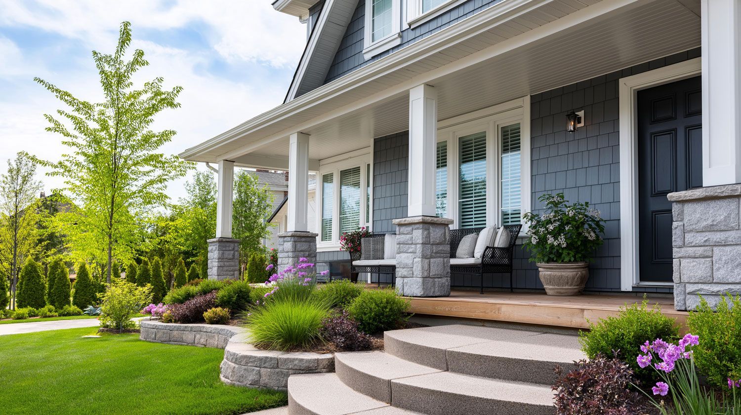 Front porch of a gray house with white columns, stone steps, and lush green landscaping.
