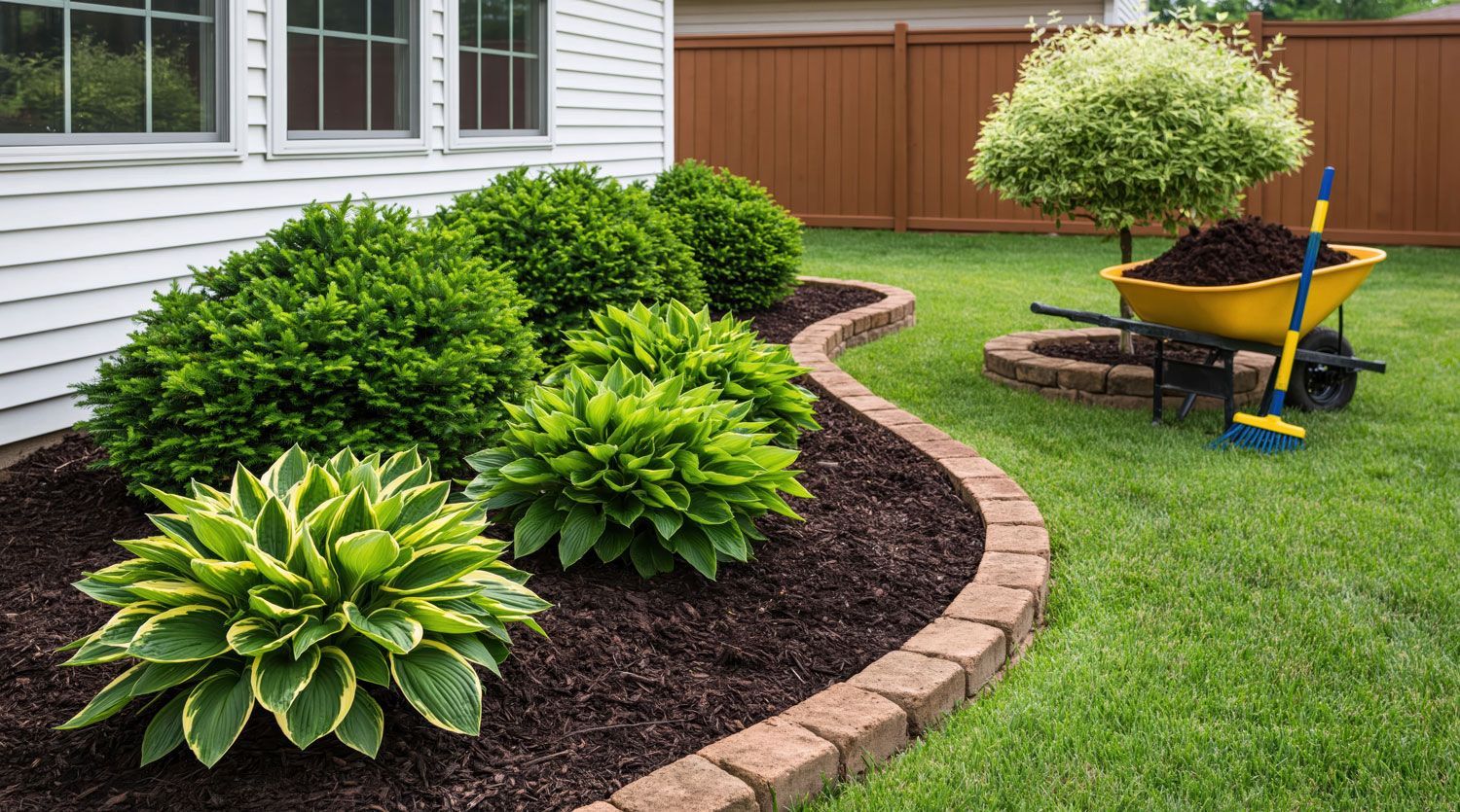 Curved garden bed with hostas and flowers beside a house, bordered by brick edging and a lawn chair in the yard