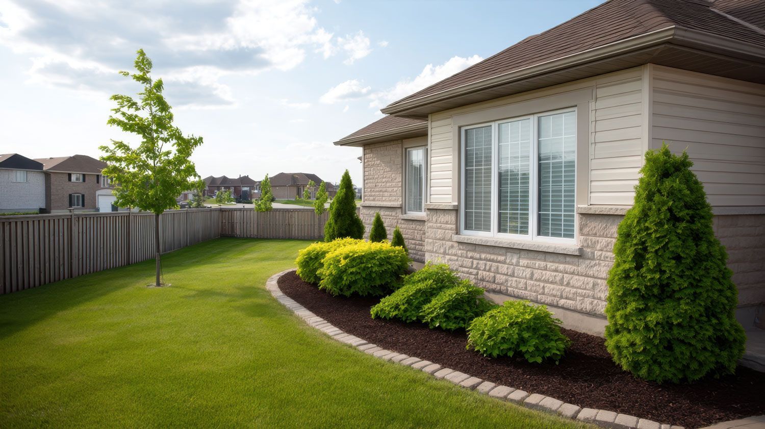 Suburban house with manicured lawn, shrubs, and a wooden fence on a sunny day