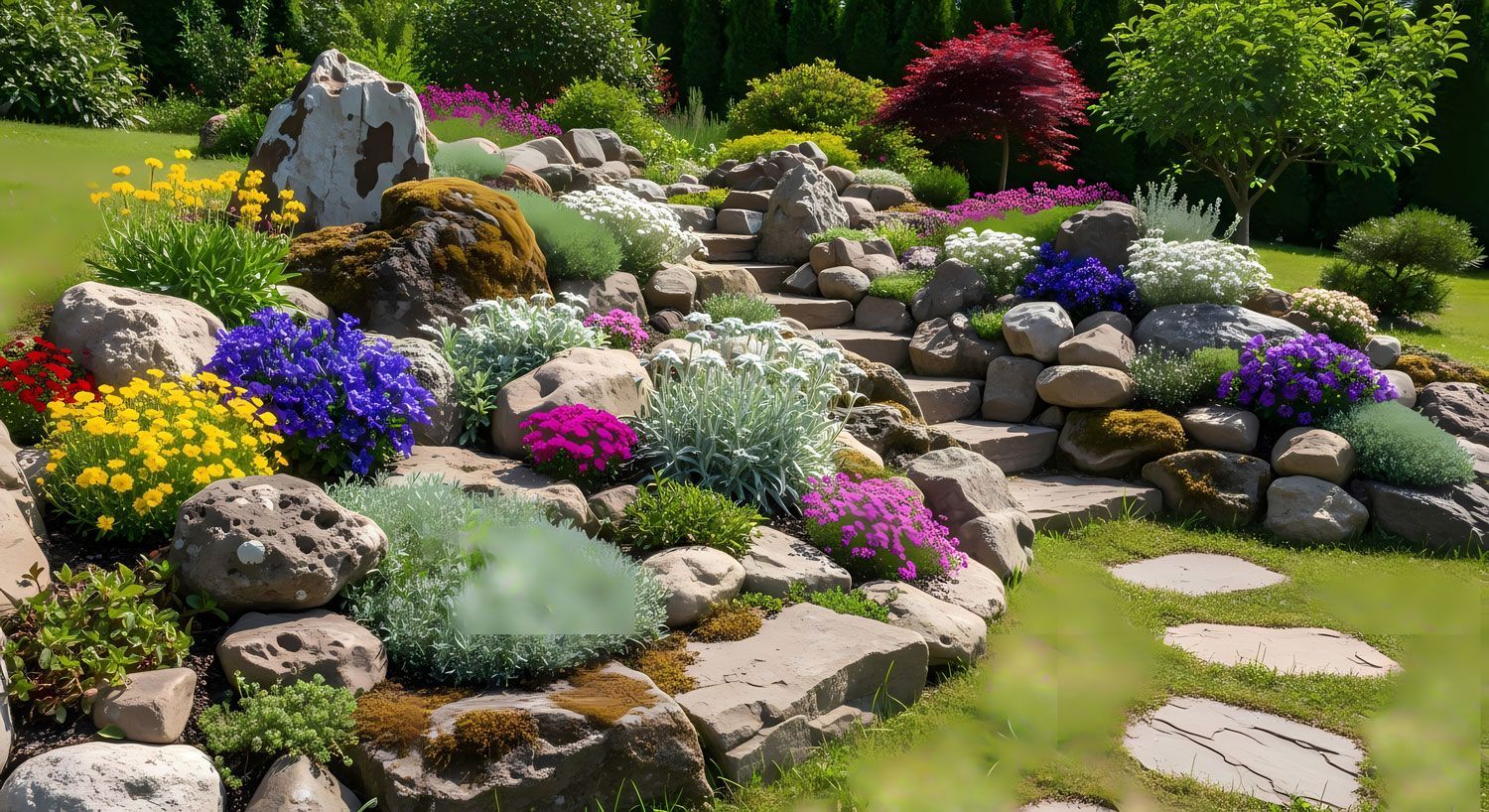 Colorful terraced flower garden with rocks, stone steps, and a green lawn