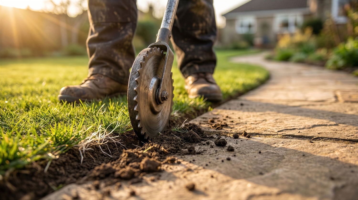 A worker uses a wheel edging tool to cut grass along a sunlit sidewalk.