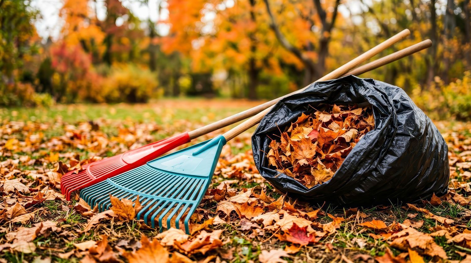 Rake and fallen leaves beside a black leaf bag in an autumn yard