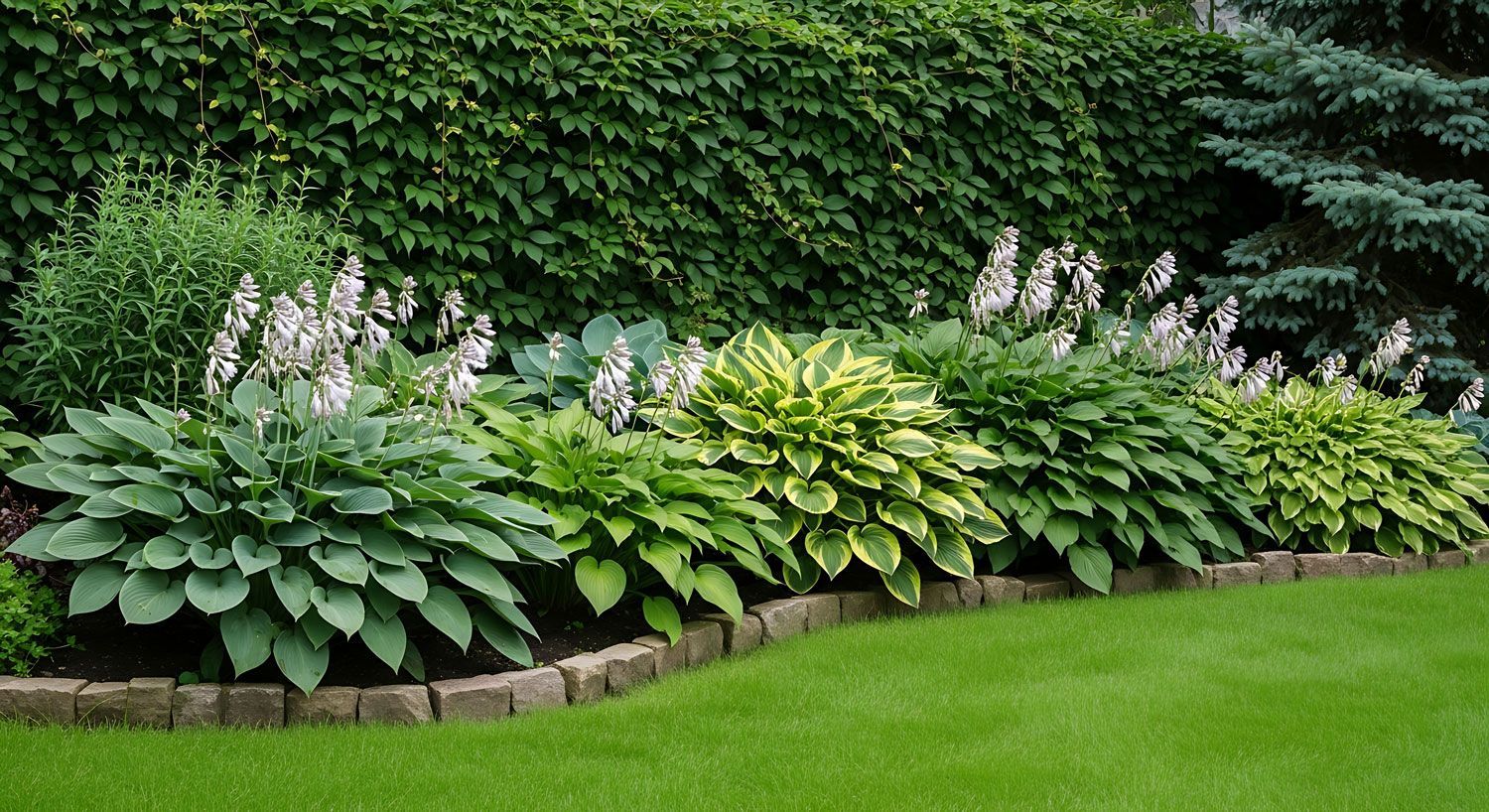 Lush garden border with hostas and blooming flowers beside a neatly trimmed green lawn