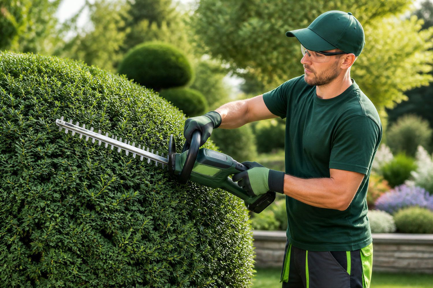 Gardener trimming a lush hedge with electric shears in a sunny garden