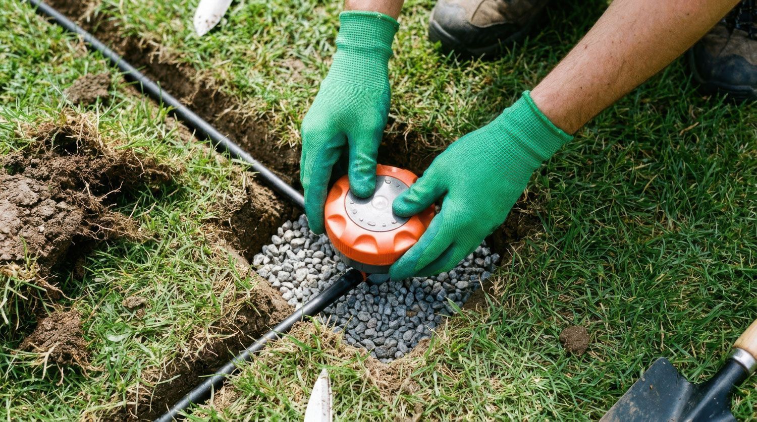Hands in green gloves place an orange lawn edging tool on grass at a garden border.