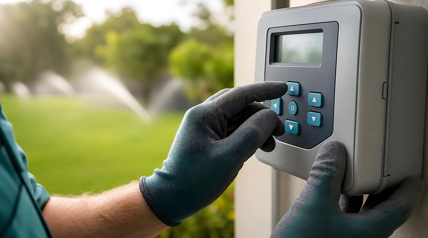 Gloved hands pressing buttons on an outdoor control panel with sprinkler spraying in a green lawn