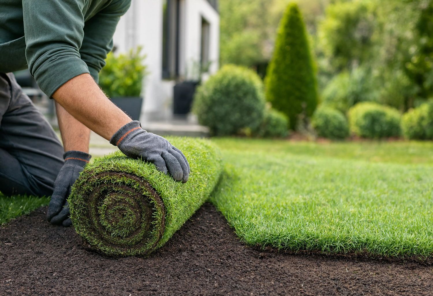 Person rolling out green sod on a lawn beside a garden bed