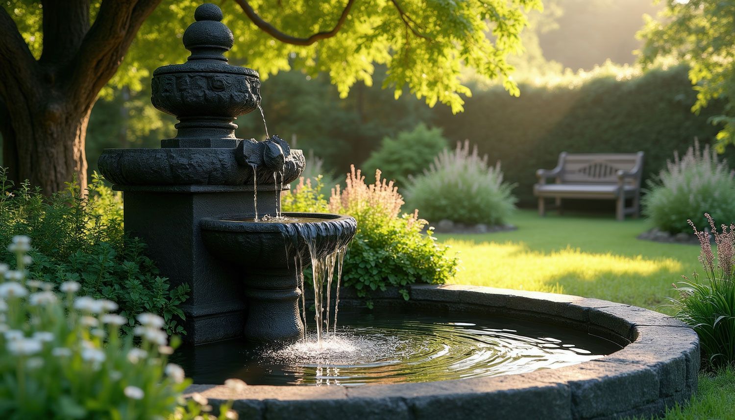Stone garden fountain cascading into a pond in a sunlit green garden with a bench nearby