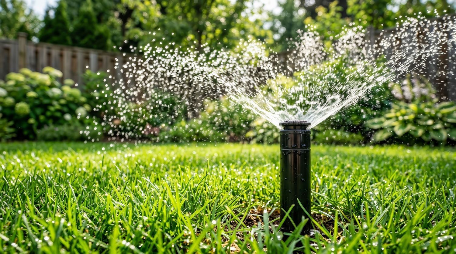 Pop-up lawn sprinkler spraying water over green grass in a sunny backyard