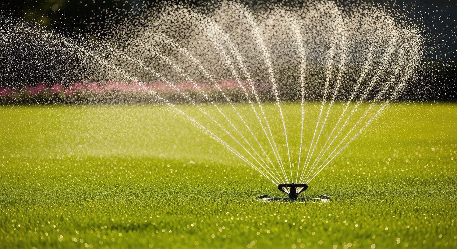 Lawn sprinkler spraying water over a green field in bright sunlight