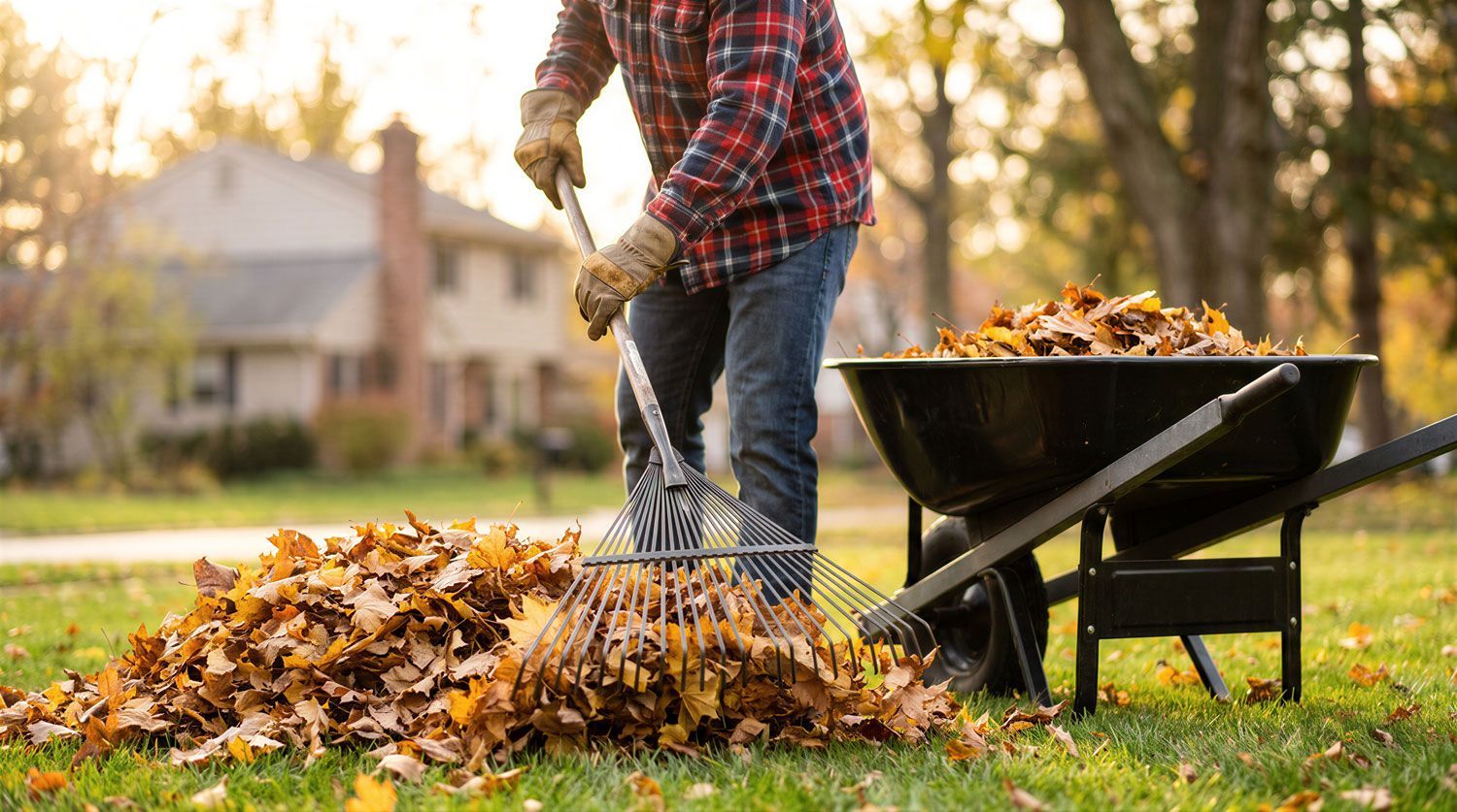 Person rakes autumn leaves beside a wheelbarrow in a suburban yard.