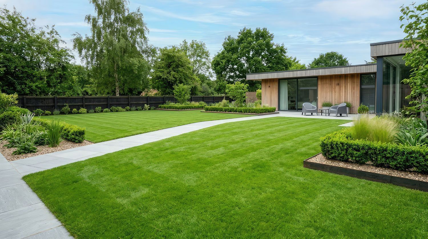 Modern landscaped backyard with green lawn, gravel path, flower beds, and a small patio beside a wood house